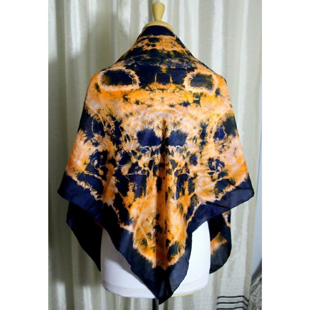 44"x45" BLUE ORANGE WHITE ARTWORK HANDROLLED 100%SILK WOMEN'S SCARF SHAWL WRAP